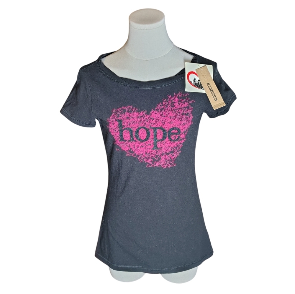 DKNY Jeans St. Judes Charity Black Tee with Pink Beaded Hope Heart Size XS